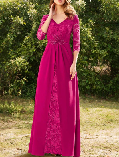 Wholesa A-Line Mother of the Bride Dress Formal Wedding Guest Elegant Vintage V Neck Floor Length Lace Stretch Chiffon 3/4 Length Sleeve with Lace