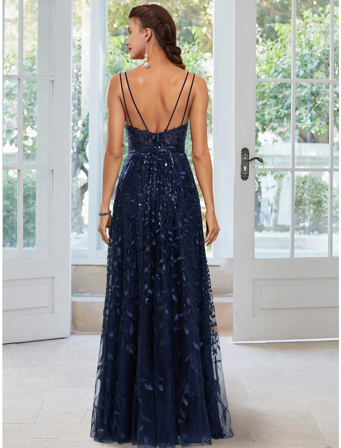 wholesale  A-Line Evening Gown Floral Dress Formal Floor Length Sleeveless Spaghetti Strap Satin with Slit Appliques