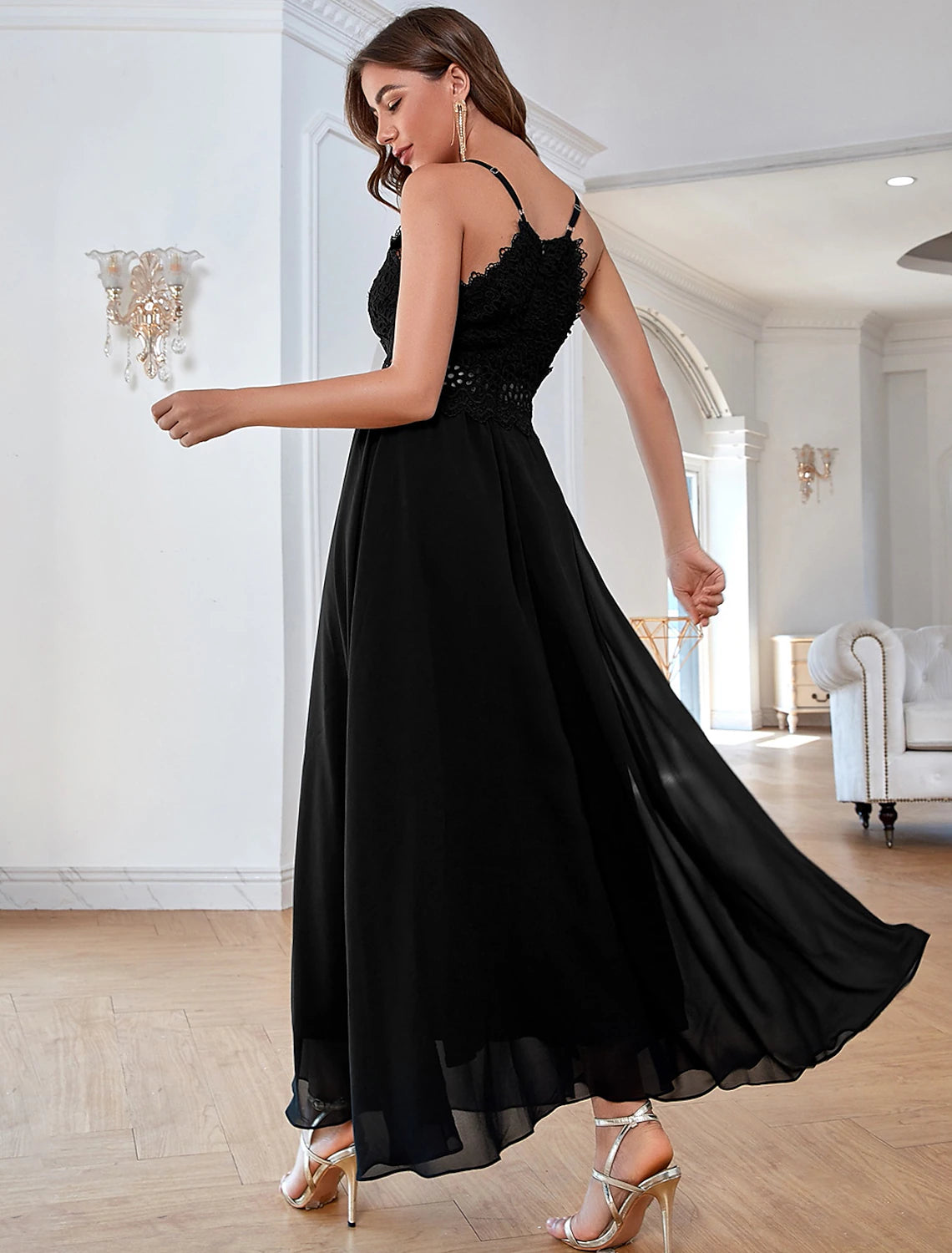 Wholesale A-Line Elegant Vintage Party Wear Formal Evening Dress V Neck Sleeveless Ankle Length Chiffon with Sequin Pure Color Splicing