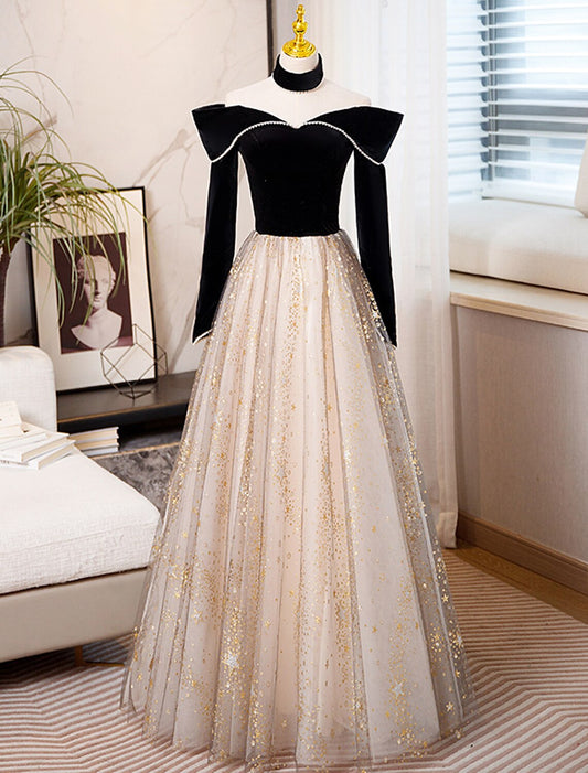 wholesale   A-Line Prom Dresses Sparkle & Shine Dress Engagement Floor Length Long Sleeve Sweetheart Tulle with Sequin