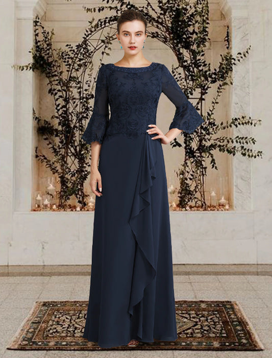 wholesale  Sheath / Column Mother of the Bride Dress Plus Size Elegant Jewel Neck Floor Length Chiffon Lace Half Sleeve with Sequin Appliques