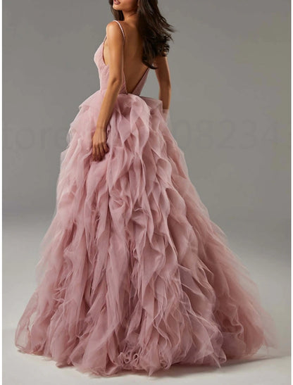 Wholesa A-Line Prom Dresses Elegant Dress Formal Floor Length Sleeveless Spaghetti Strap Tulle with Pleats Ruffles