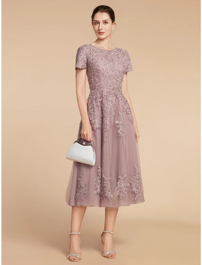 Wholesa  A-Line Mother of the Bride Dress Wedding Guest Elegant Petite Jewel Neck Tea Length Lace Tulle Short Sleeve with Ruching Flower