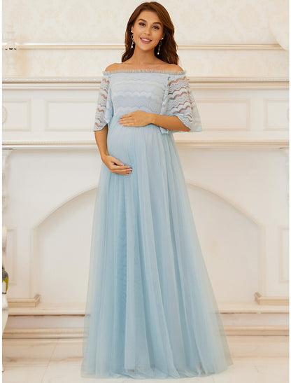 wholesa  A-Line Mother of the Bride Dress Maternity Elegant Off Shoulder Floor Length Lace Tulle Sleeveless with Tier