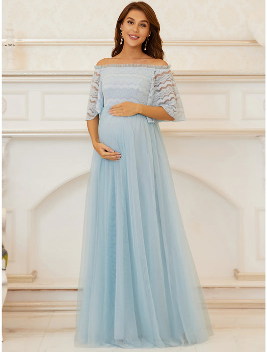 Wholesa A-Line Mother of the Bride Dress Maternity Elegant Off Shoulder Floor Length Lace Tulle Sleeveless with Tier