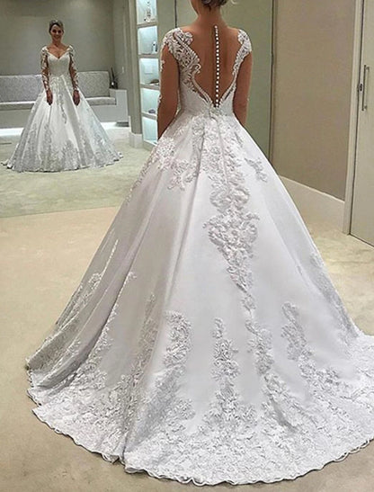 Wholesa Engagement Formal Wedding Dresses Ball Gown Sweetheart Long Sleeve Court Train Satin Bridal Gowns With Buttons Appliques