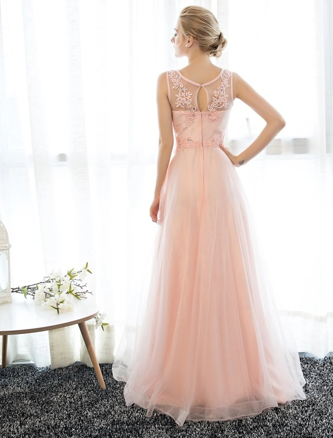 Wholesale Sheath / Column Dress Wedding Guest Floor Length Sleeveless Illusion Neck Satin with Crystals Appliques