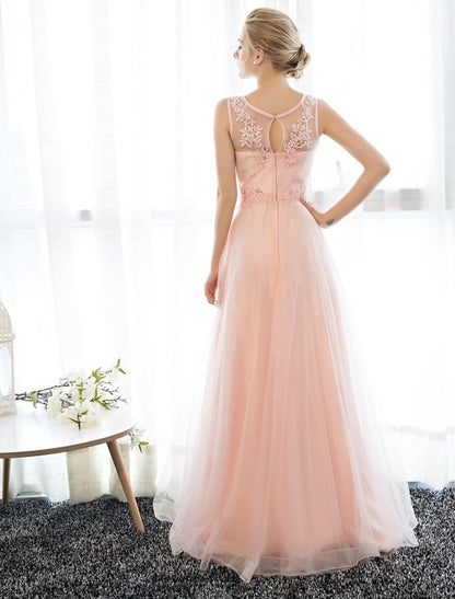 Wholesale Sheath / Column Dress Wedding Guest Floor Length Sleeveless Illusion Neck Satin with Crystals Appliques