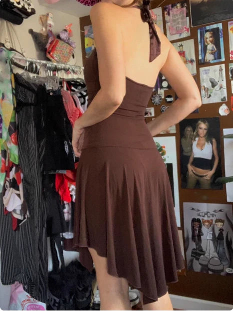 Aimishang Elegant A-Line Halter V-Neck Open Back Sleeveless Short Homecoming Dress Simple Summer Party Dress