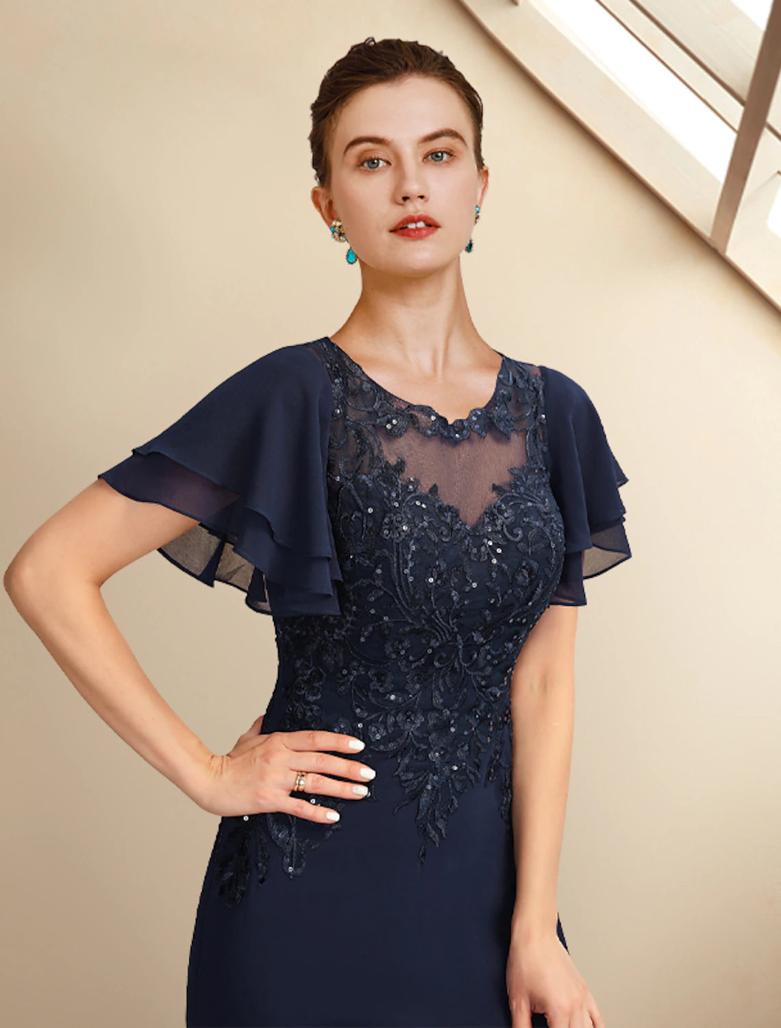 wholesale A-Line Mother of the Bride Dress Plus Size Elegant Jewel Neck Floor Length Chiffon Lace Short Sleeve with Sequin Appliques