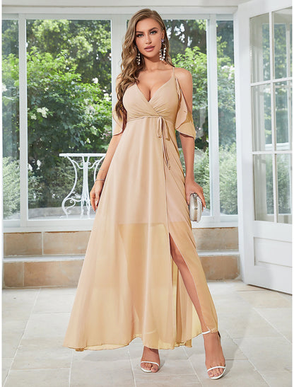 wholesale  A-Line Wedding Guest Dresses Elegant Dress Party Wear Ankle Length Sleeveless V Neck Chiffon with Ruffles Slit Strappy