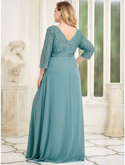 wholesale A-Line Evening Gown Plus Size Dress Wedding Guest Floor Length 3/4 Length Sleeve V Neck Chiffon V Back with Sequin