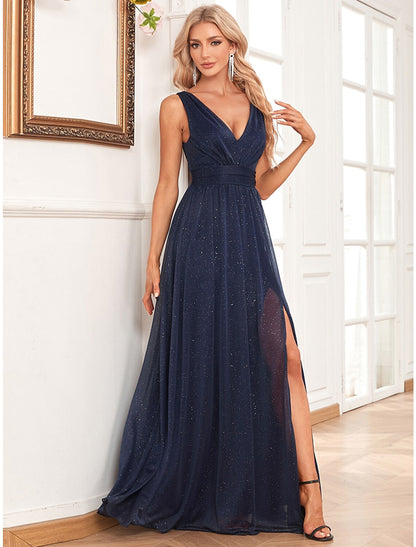 Wholesa A-Line Evening Gown Empire Dress Wedding Guest Party Wear Floor Length Sleeveless V Neck Spandex V Back with Glitter Slit