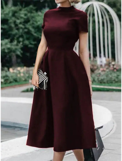 Wholesa A-Line Wedding Guest Dresses Minimalist Dress Party Dress Wedding Party Tea Length Short Sleeve High Neck Stretch Satin with Pleats Pure Color