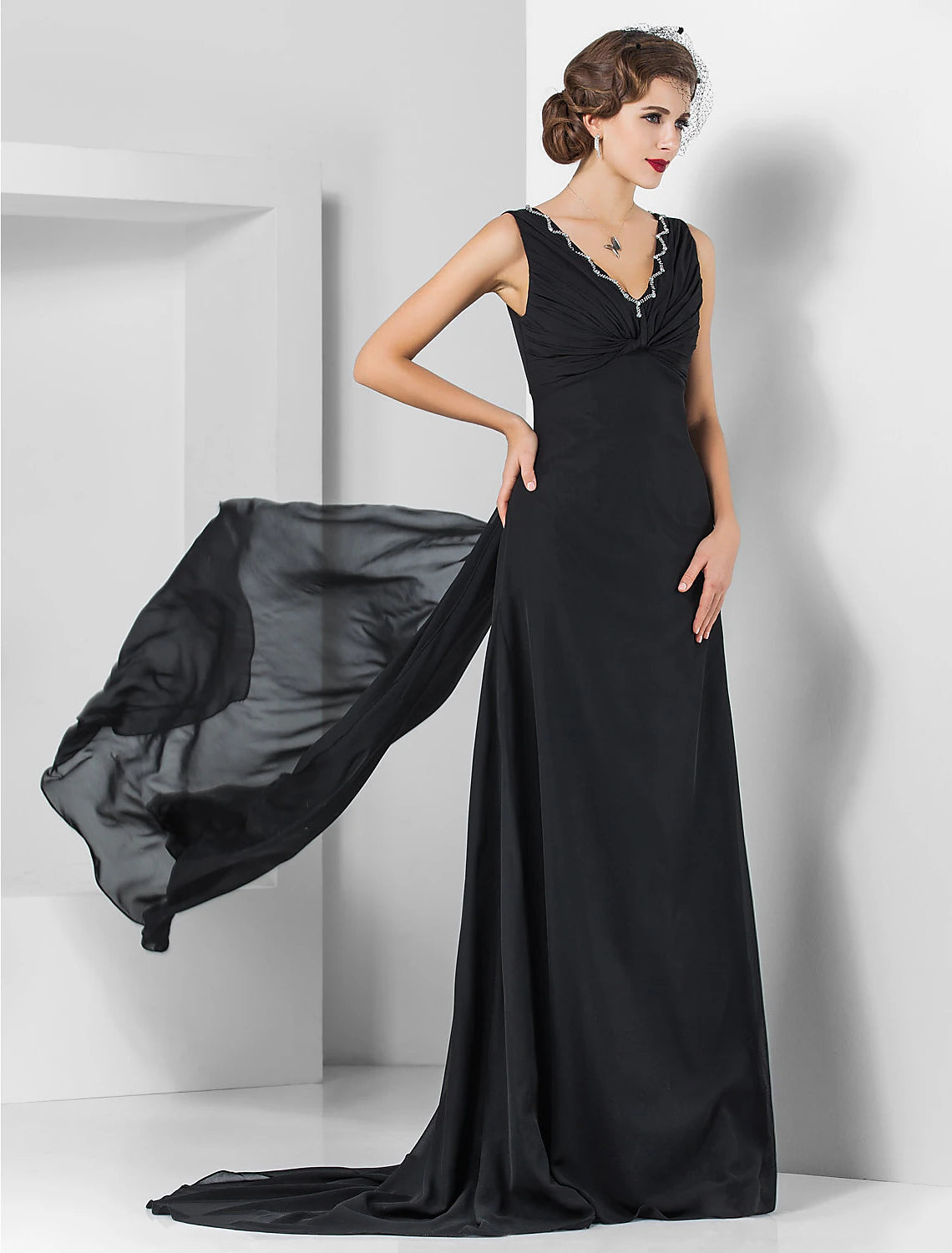 Wholesa Sheath / Column Elegant Engagement Formal Evening Dress V Neck Sleeveless Sweep / Brush Train Chiffon with Crystals Draping