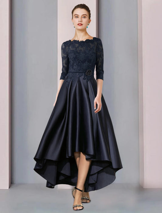 Wholesa  A-Line Mother of the Bride Dress Wedding Guest Elegant High Low Scoop Neck Asymmetrical Tea Length Satin Lace 3/4 Length Sleeve with Pleats Appliques Flower