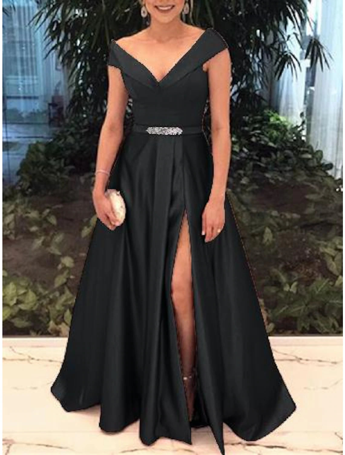 wholesale A-Line Elegant Prom Formal Evening Valentine's Day Dress Off Shoulder Short Sleeve Sweep / Brush Train Satin with Split Front