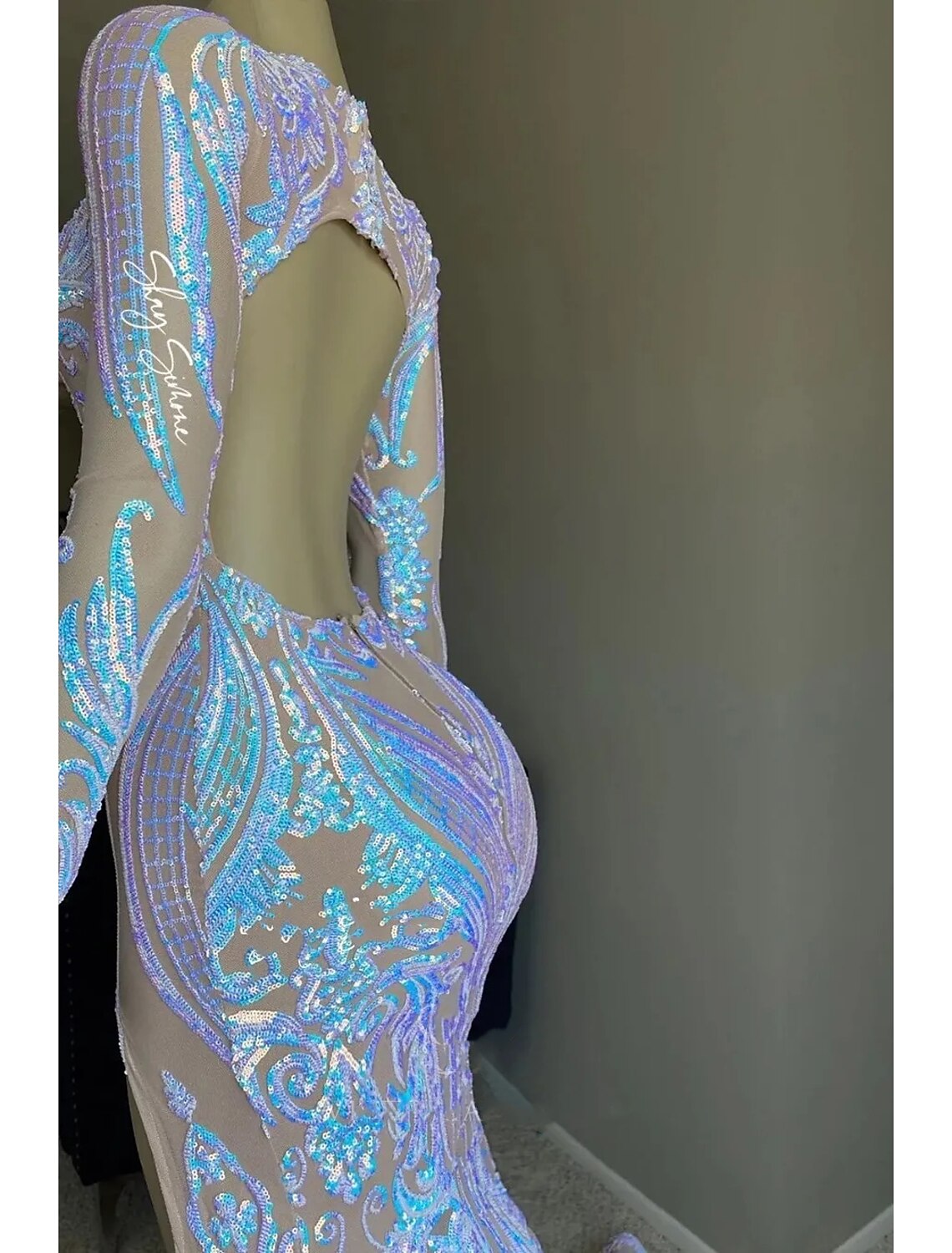 Wholesa Mermaid / Trumpet Evening Gown Floral Dress Carnival Formal Chapel Train Long Sleeve V Neck African American Sequined Backless with Sequin Slit