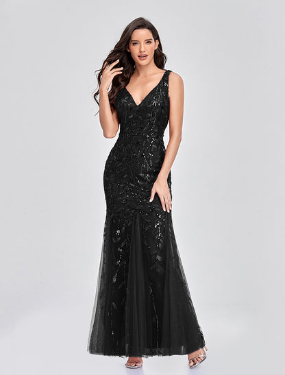 Wholesale Mermaid / Trumpet Empire Elegant Party Wear Formal Evening Valentine's Day Dress V Neck V Back Sleeveless Floor Length Tulle with Embroidery