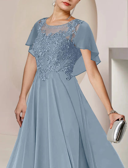 wholesale A-Line Mother of the Bride Dress Elegant Scoop Neck Tea Length Chiffon Lace Sleeveless with Beading Appliques