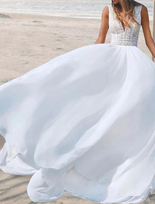 Wholesa Beach Open Back Boho Wedding Dresses A-Line V Neck Sleeveless Floor Length Chiffon Bridal Gowns With