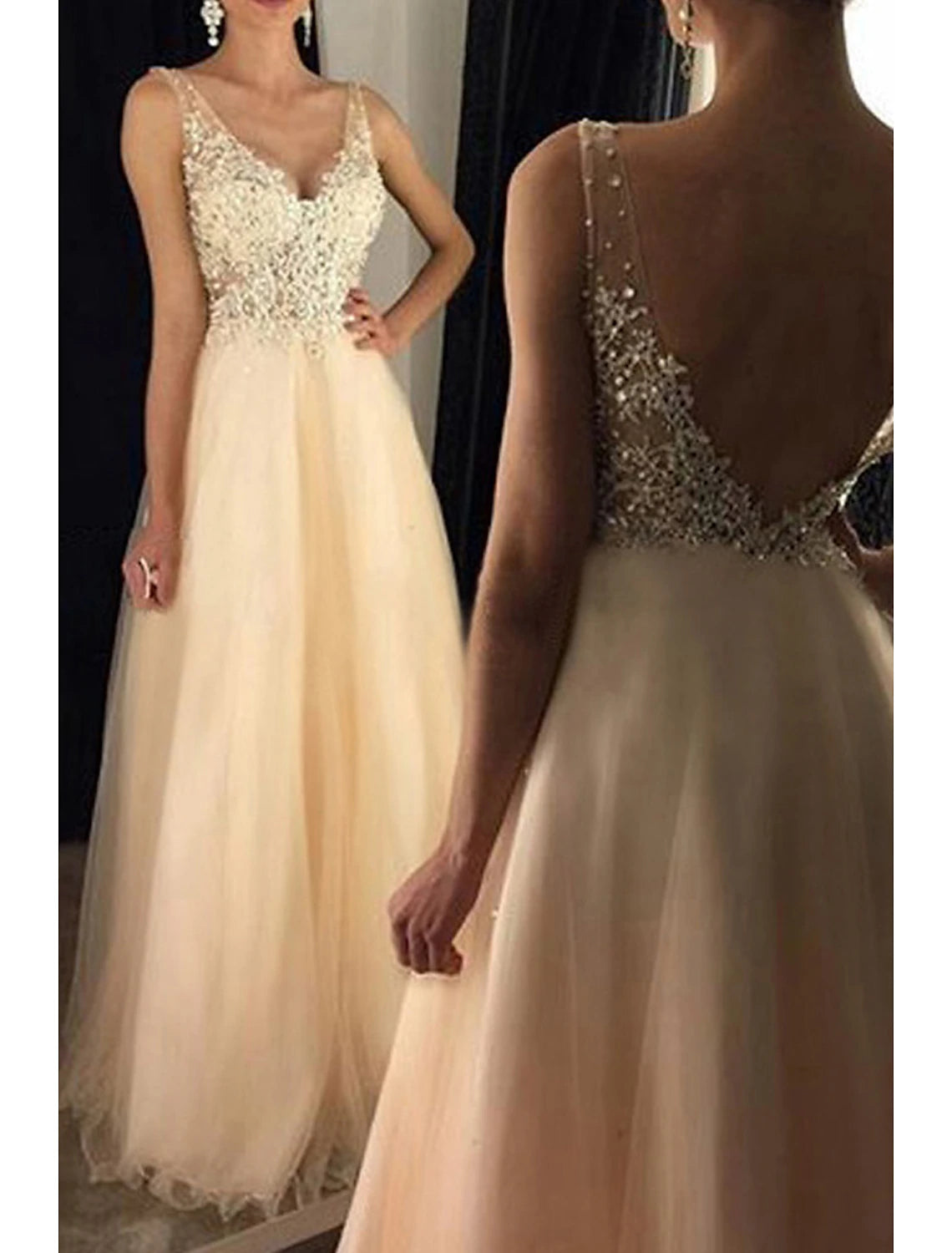 Wholesale A-Line Prom Dresses Sparkle & Shine Dress Formal Floor Length Sleeveless V Neck Tulle V Back with Beading Appliques