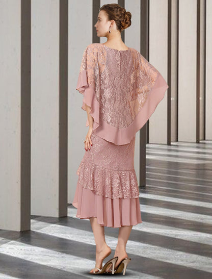 wholesale  Sheath / Column Mother of the Bride Dress Elegant High Low Jewel Neck Asymmetrical Tea Length Chiffon Lace Half Sleeve Wrap Included with Beading Ruffles Appliques