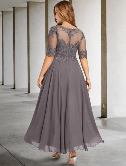 Wholesa A-Line Mother of the Bride Dresses Plus Size Hide Belly Curve Elegant Dress Formal Asymmetrical Half Sleeve Jewel Neck Chiffon with Beading Appliques