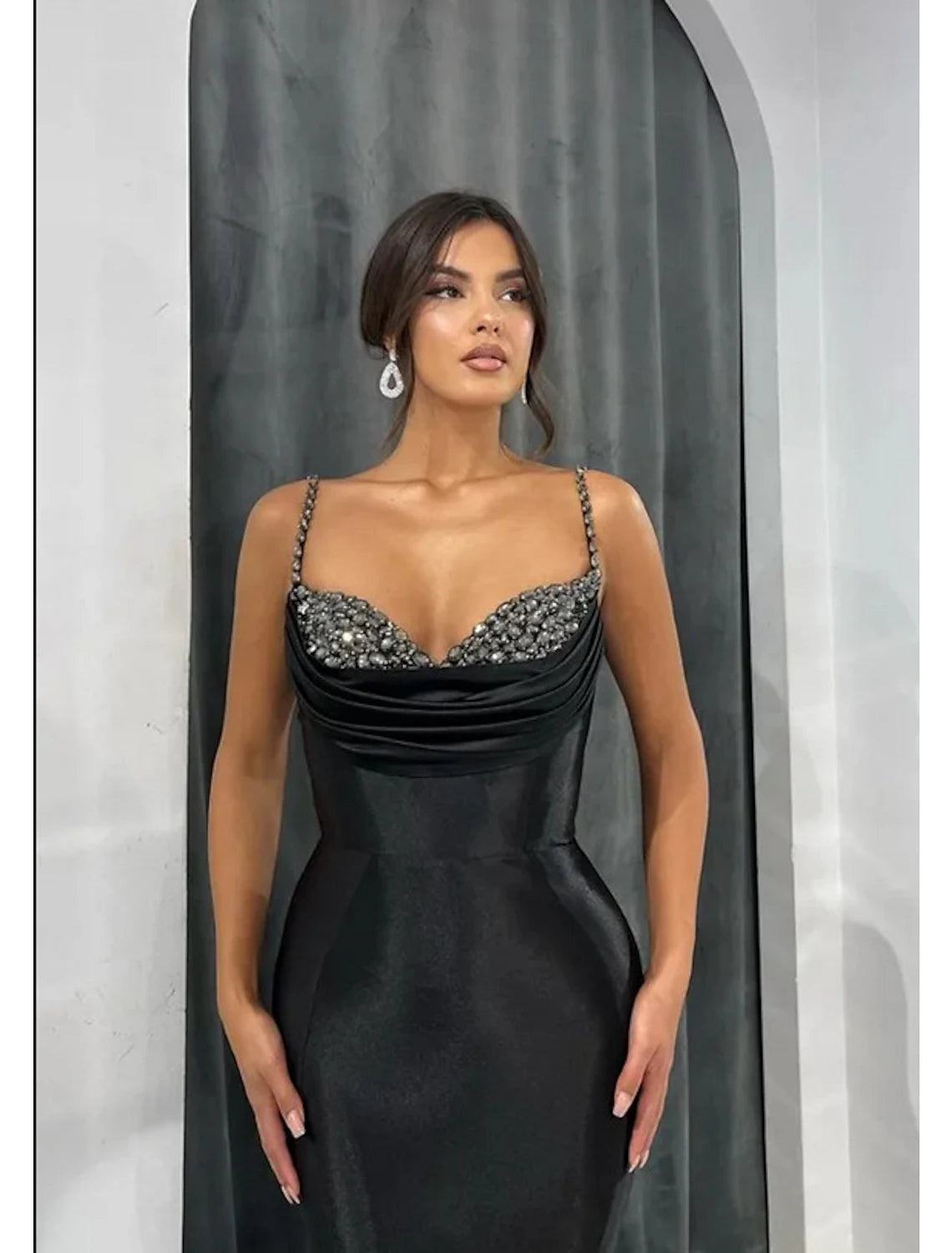 Wholesa Mermaid / Trumpet Evening Gown Open Back Dress Formal Evening Black Tie Gala Court Train Sleeveless Sweetheart Satin with Glitter Crystals