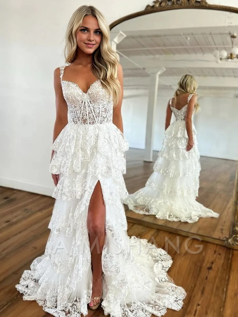 Aimishang A Line Tulle Appliques Off-the-Shoulder Ruffle Long Prom Dress Sweetheart Tiered Skirt Corset Lace Formal Dress Charming Evening Party Sparkly Dress