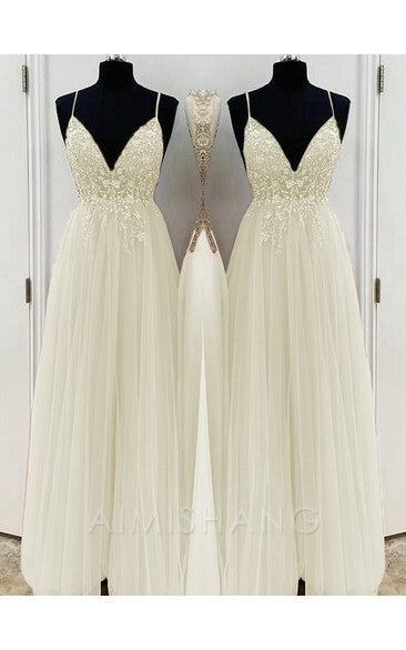 Aimishang A-Line Elegant Beading Tulle Spaghetti Straps Sleeveless Floor-Length Prom Dresses