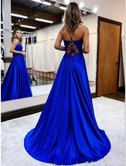 wholesale  A-Line Prom Dresses Empire Dress Formal Court Train Sleeveless V Neck Satin Backless with Beading Appliques