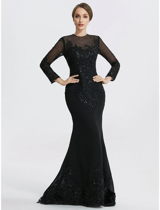 Wholesa  Mermaid / Trumpet Sheath / Column Evening Gown Elegant Dress Formal Floor Length Long Sleeve Jewel Neck Lace with Appliques