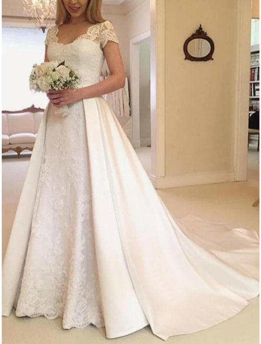 Wholesa Formal Wedding Dresses A-Line Scoop Neck Short Sleeve Chapel Train Satin Bridal Gowns With Pleats Solid Color