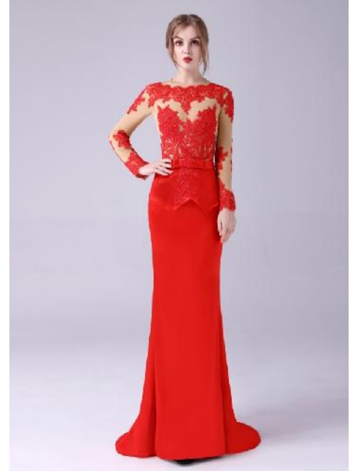 Wholesale Mermaid / Trumpet Evening Gown Celebrity Style Dress Engagement Floor Length Long Sleeve Jewel Neck Stretch Satin with Sash / Ribbon Appliques