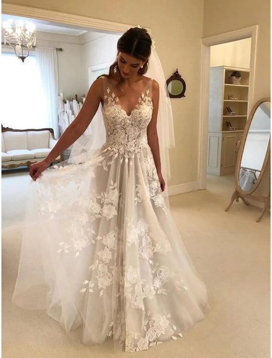 Wholesale Beach Boho Wedding Dresses A-Line V Neck Sleeveless Sweep / Brush Train Lace Bridal Gowns With Appliques Summer Fall Wedding Party