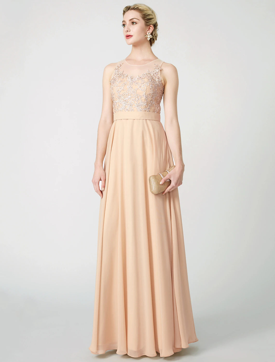 Wholesa  A-Line Classic & Timeless Keyhole Pastel Colors Holiday Cocktail Party Prom Dress Illusion Neck Sleeveless Floor Length Chiffon Beaded Lace with Pleats Appliques