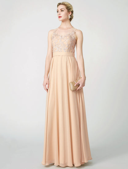 Wholesa  A-Line Classic & Timeless Keyhole Pastel Colors Holiday Cocktail Party Prom Dress Illusion Neck Sleeveless Floor Length Chiffon Beaded Lace with Pleats Appliques