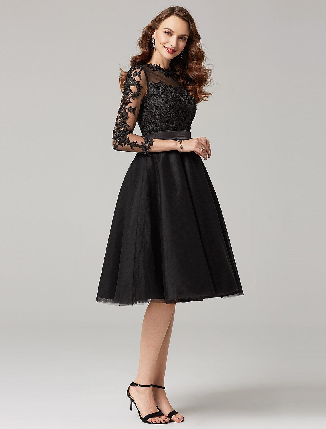 wholesale   A-Line Elegant Dress Wedding Guest Knee Length 3/4 Length Sleeve Illusion Neck Tulle Over Lace with Appliques