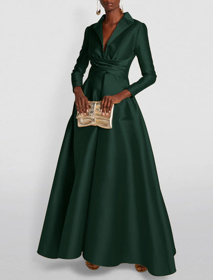 Wholesa A-Line Evening Gown Elegant Red Green Dress Formal Wedding Guest Floor Length Long Sleeve Shirt Collar Satin with Ruched