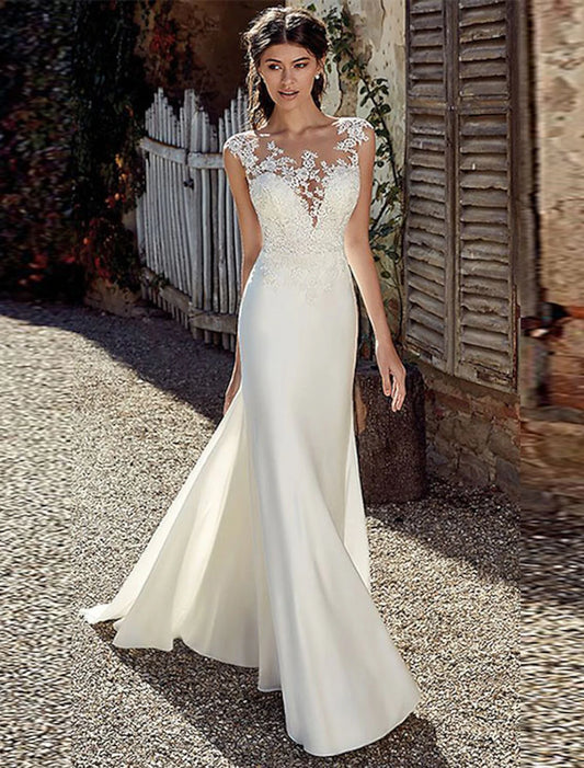 Wholesale Beach Open Back Wedding Dresses Mermaid / Trumpet Illusion Neck Cap Sleeve Court Train Chiffon Outdoor Bridal Gowns With Appliques Summer Fall Wedding Party