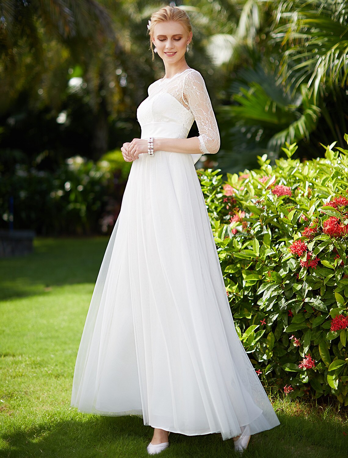 wholesale  Beach Wedding Dresses A-Line Bateau Neck 3/4 Length Sleeve Ankle Length Tulle Over Lace Bridal Gowns With Sashes / Ribbons Bow(s)