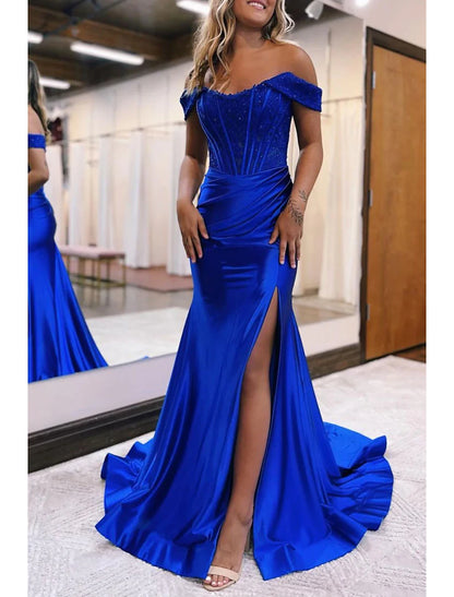 Wholesa Mermaid / Trumpet Evening Gown Empire Dress Formal Wedding Guest Court Train Sleeveless Off Shoulder Imitation Silk with Slit Appliques