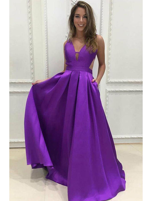 wholesale  A-Line Prom Dresses Minimalist Dress Formal Floor Length Sleeveless V Neck Pocket Stretch Satin Backless V Back with Pleats Pocket