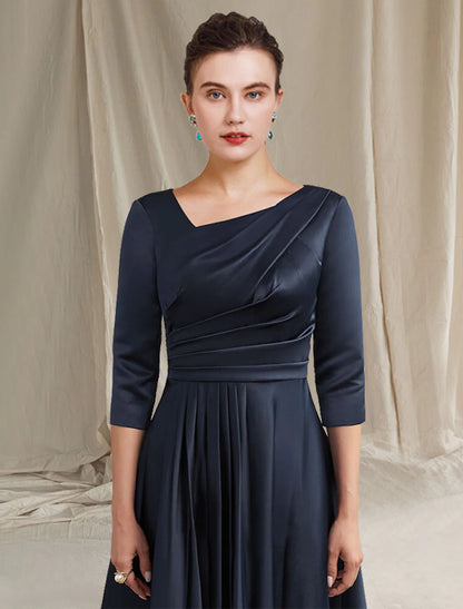 wholesale   A-Line Mother of the Bride Dress Elegant Bateau Neck V Neck Tea Length Satin Half Sleeve with Pleats Ruched