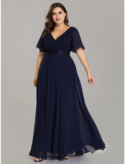 wholesale A-Line Mother of the Bride Dress Plus Size Elegant V Neck Floor Length Chiffon Short Sleeve with Sash / Ribbon Ruching