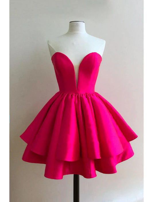 Wholesa  A-Line Homecoming Dresses Princess Dress Graduation Cocktail Party Short / Mini Sleeveless Sweetheart Pink Dress Satin Backless with Ruffles