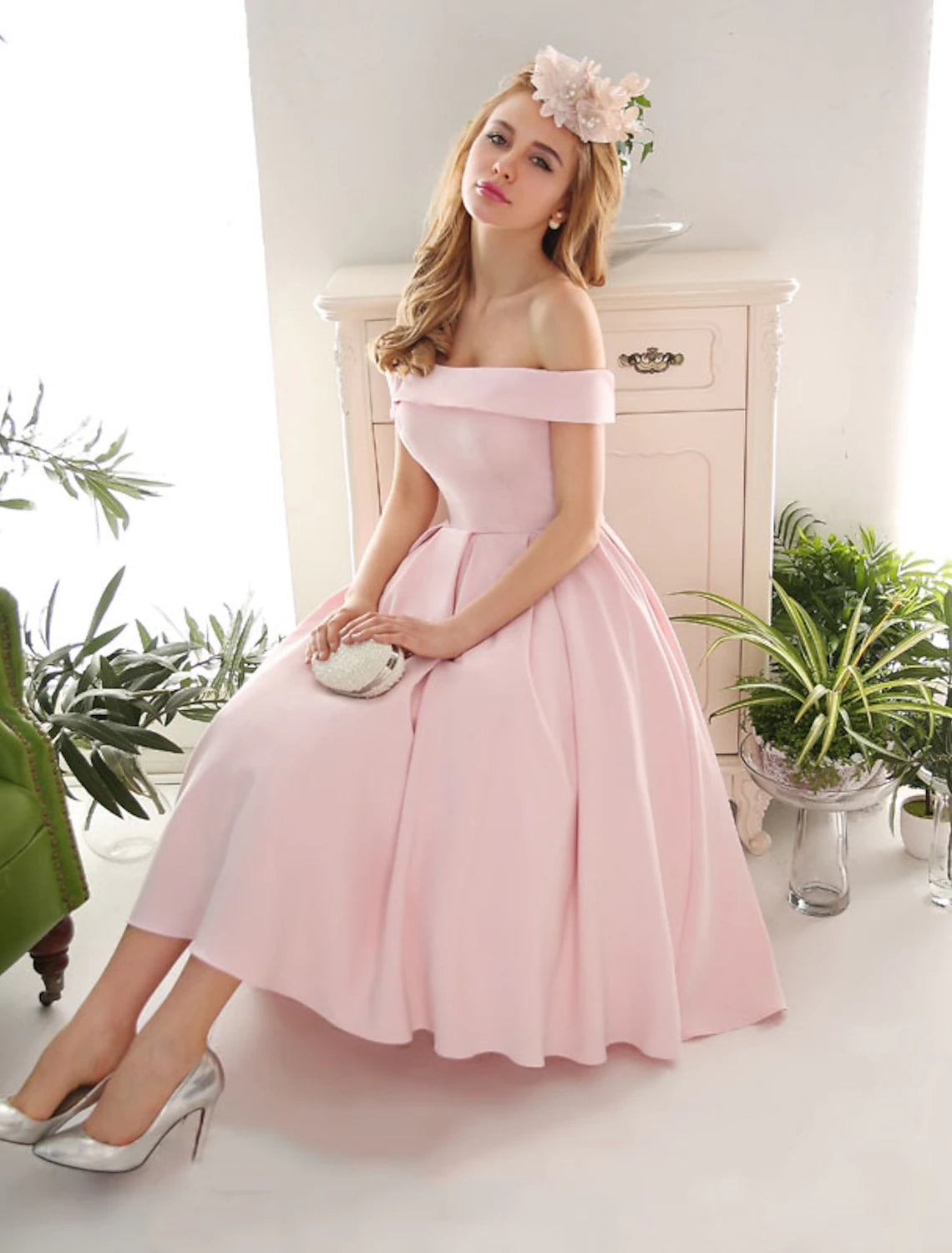 wholesale  A-Line Cocktail Dresses Vintage Dress Engagement Tea Length Sleeveless Off Shoulder Stretch Fabric with Pleats