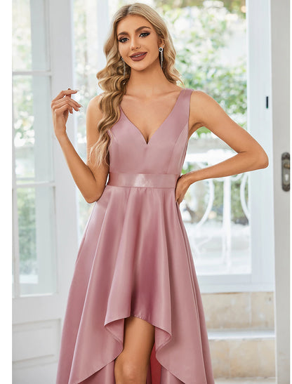 wholesale  A-Line Wedding Guest Dresses Casual Dress Party Wear Asymmetrical Sleeveless V Neck Satin with Ruffles Pure Color