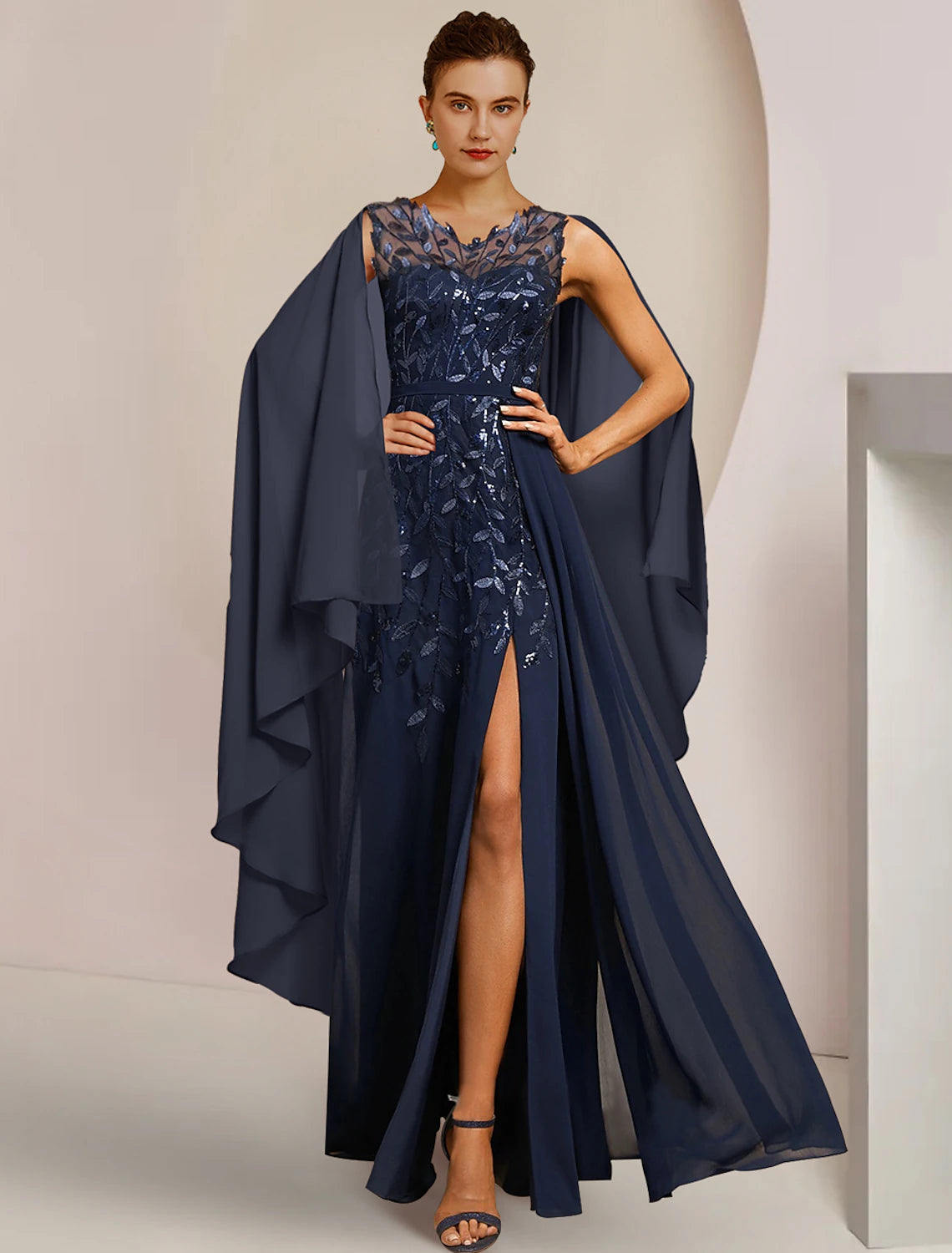 Wholesa  A-Line Mother of the Bride Dress Formal Wedding Guest Elegant V Neck Floor Length Chiffon Sequined Sleeveless with Appliques Split Front